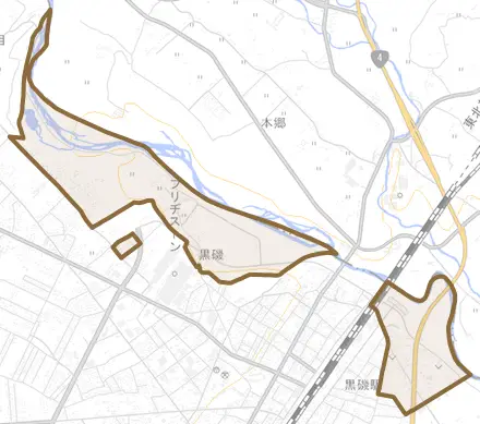 黒磯とその周辺の地図。町の範囲を重ねている