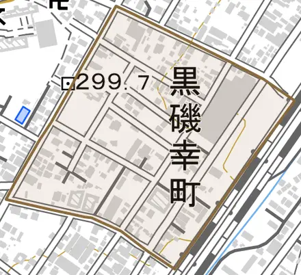 黒磯幸町とその周辺の地図。町の範囲を重ねている