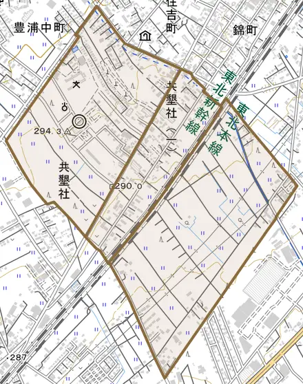 共墾社とその周辺の地図。町の範囲を重ねている