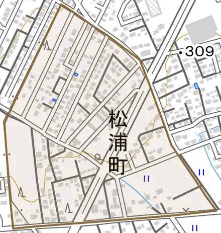 松浦町とその周辺の地図。町の範囲を重ねている