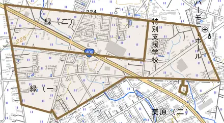 緑とその周辺の地図。町の範囲を重ねている