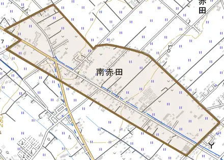 南赤田とその周辺の地図。町の範囲を重ねている