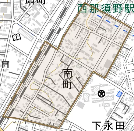 南町とその周辺の地図。町の範囲を重ねている