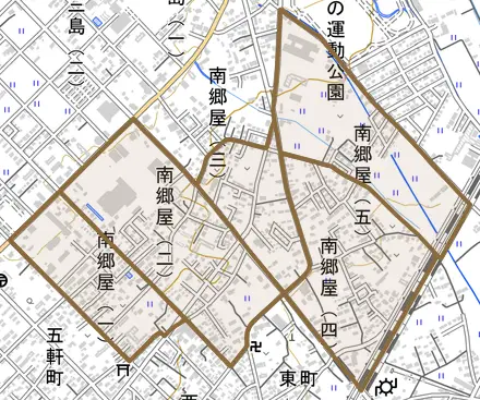 南郷屋とその周辺の地図。町の範囲を重ねている