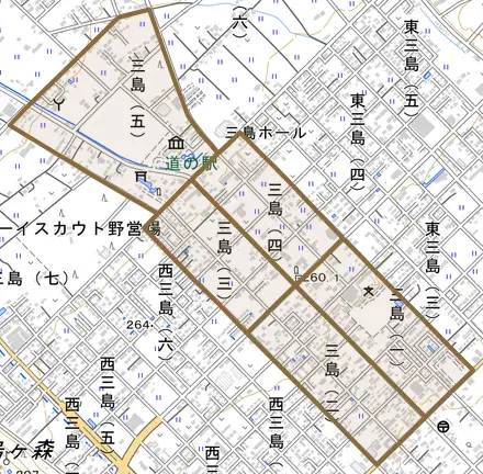 三島とその周辺の地図。町の範囲を重ねている