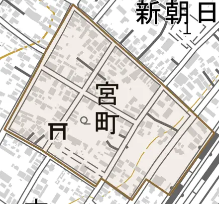 宮町とその周辺の地図。町の範囲を重ねている