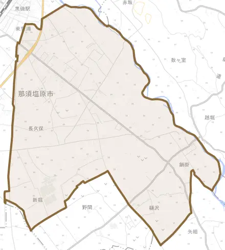 鍋掛とその周辺の地図。町の範囲を重ねている