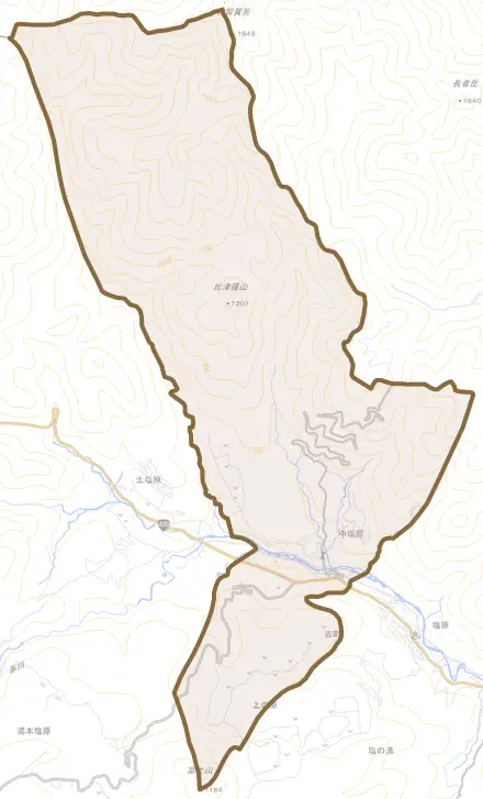 中塩原とその周辺の地図。町の範囲を重ねている
