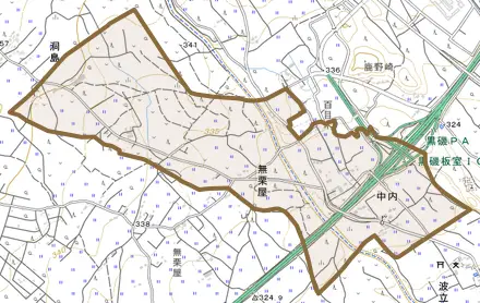 中内とその周辺の地図。町の範囲を重ねている