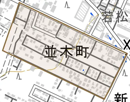 並木町とその周辺の地図。町の範囲を重ねている
