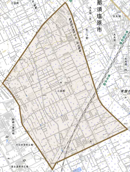 二区町とその周辺の地図。町の範囲を重ねている