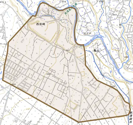 西岩崎とその周辺の地図。町の範囲を重ねている