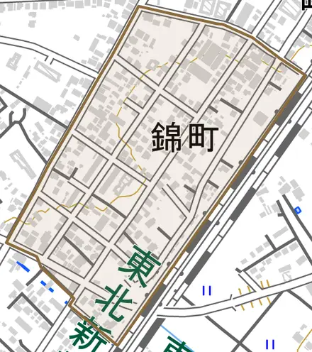 錦町とその周辺の地図。町の範囲を重ねている