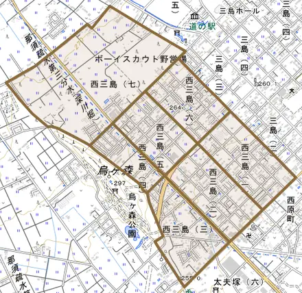 西三島とその周辺の地図。町の範囲を重ねている