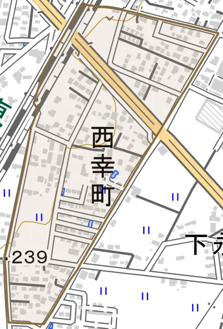 西幸町とその周辺の地図。町の範囲を重ねている