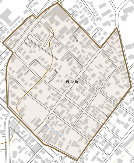 西栄町とその周辺の地図。町の範囲を重ねている