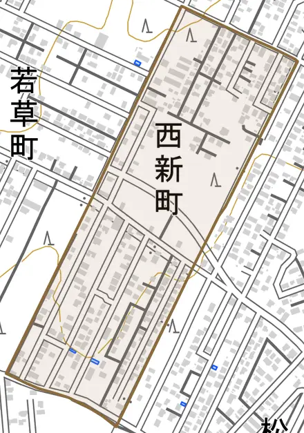 西新町とその周辺の地図。町の範囲を重ねている