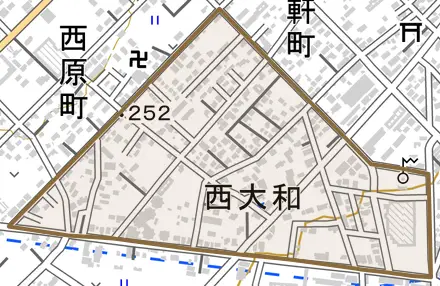 西大和とその周辺の地図。町の範囲を重ねている