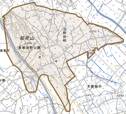 沼野田和とその周辺の地図。町の範囲を重ねている