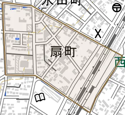 扇町とその周辺の地図。町の範囲を重ねている