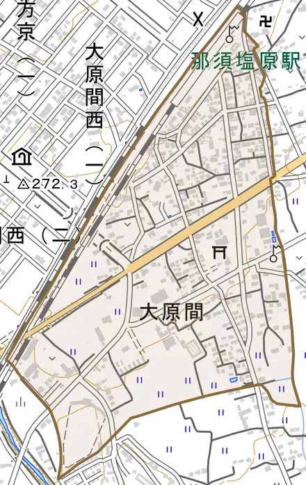 大原間とその周辺の地図。町の範囲を重ねている
