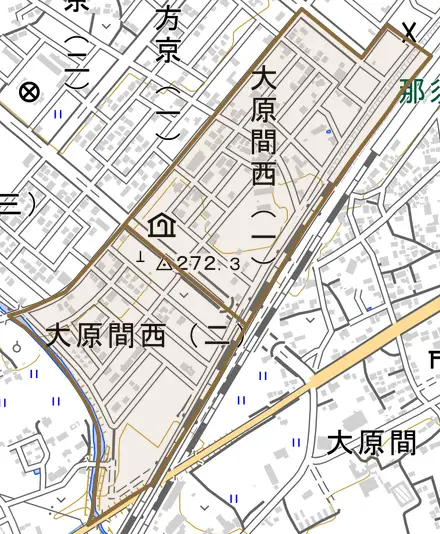 大原間西とその周辺の地図。町の範囲を重ねている