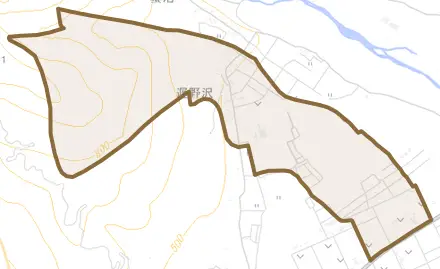遅野沢とその周辺の地図。町の範囲を重ねている