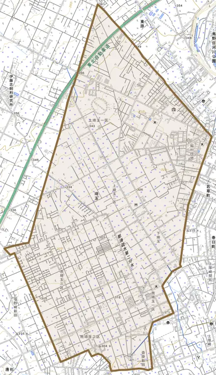 埼玉とその周辺の地図。町の範囲を重ねている