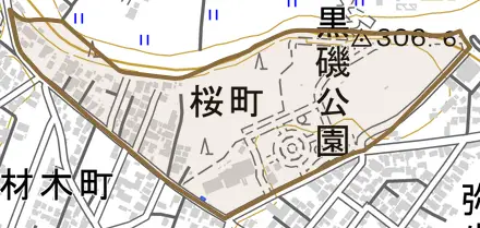 桜町とその周辺の地図。町の範囲を重ねている