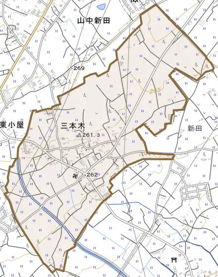 三本木とその周辺の地図。町の範囲を重ねている