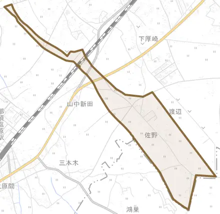 佐野とその周辺の地図。町の範囲を重ねている
