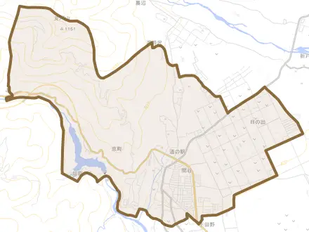 関谷とその周辺の地図。町の範囲を重ねている
