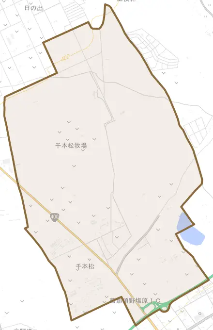 千本松とその周辺の地図。町の範囲を重ねている