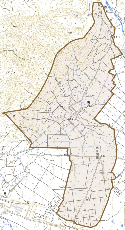鴫内とその周辺の地図。町の範囲を重ねている