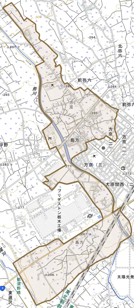 島方とその周辺の地図。町の範囲を重ねている