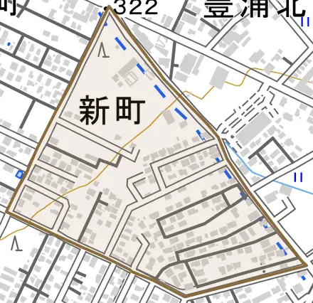 新町とその周辺の地図。町の範囲を重ねている