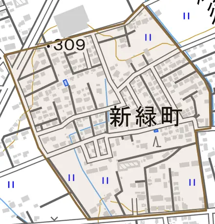 新緑町とその周辺の地図。町の範囲を重ねている