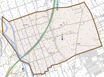 下大貫とその周辺の地図。町の範囲を重ねている