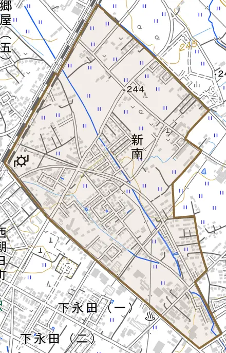 新南とその周辺の地図。町の範囲を重ねている