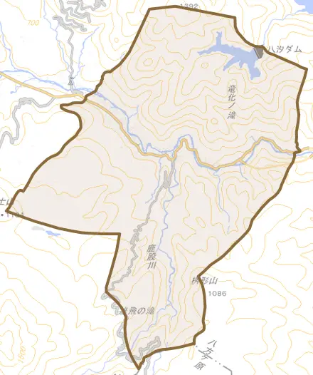塩原とその周辺の地図。町の範囲を重ねている