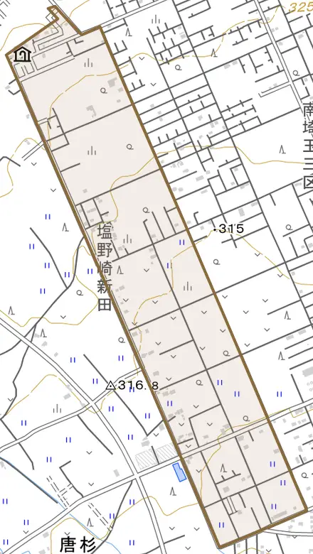 塩野崎新田とその周辺の地図。町の範囲を重ねている