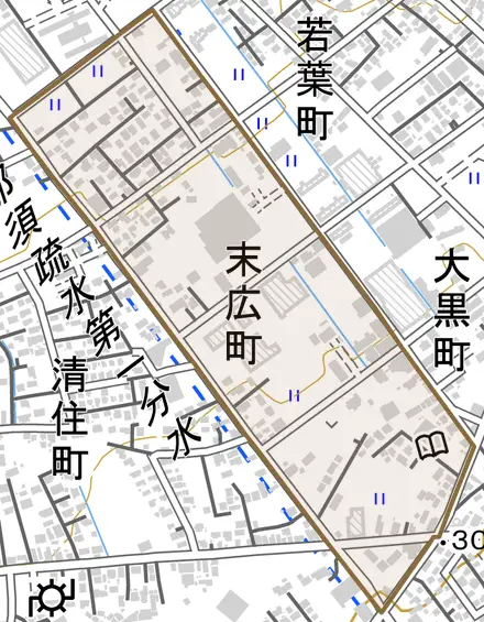 末広町とその周辺の地図。町の範囲を重ねている
