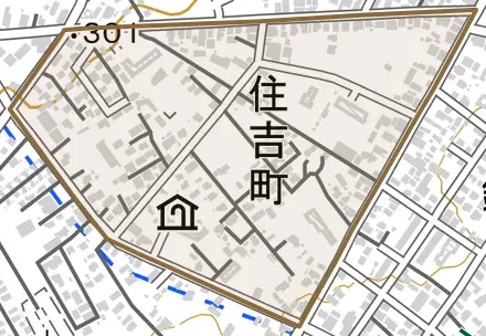 住吉町とその周辺の地図。町の範囲を重ねている