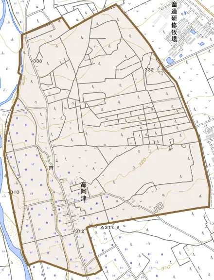高阿津とその周辺の地図。町の範囲を重ねている