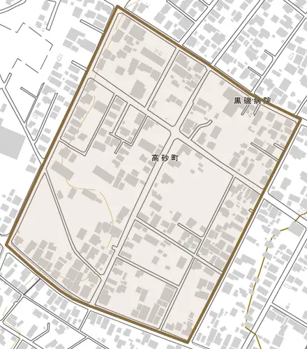 高砂町とその周辺の地図。町の範囲を重ねている