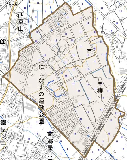 高柳とその周辺の地図。町の範囲を重ねている