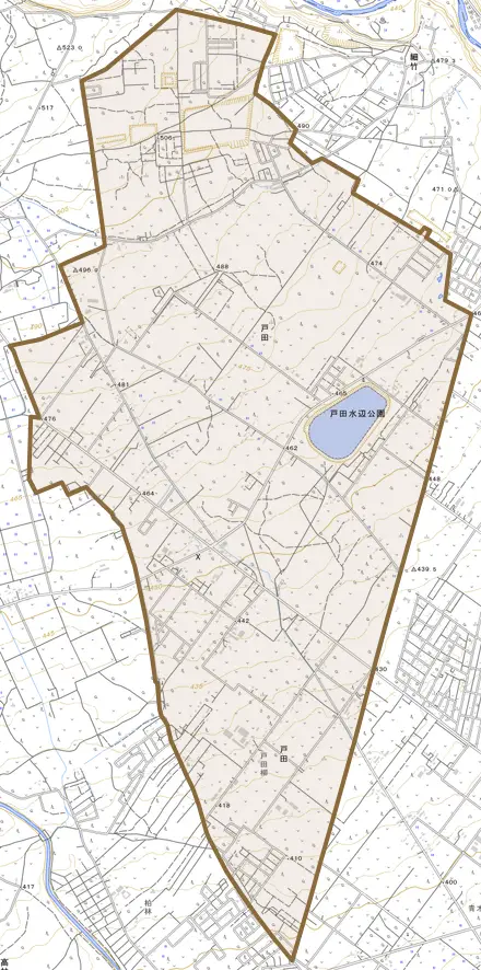 戸田とその周辺の地図。町の範囲を重ねている