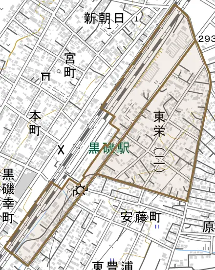 東栄とその周辺の地図。町の範囲を重ねている