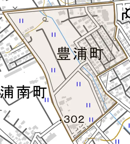 豊浦町とその周辺の地図。町の範囲を重ねている
