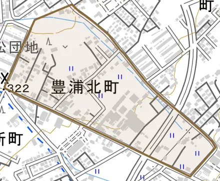 豊浦北町とその周辺の地図。町の範囲を重ねている